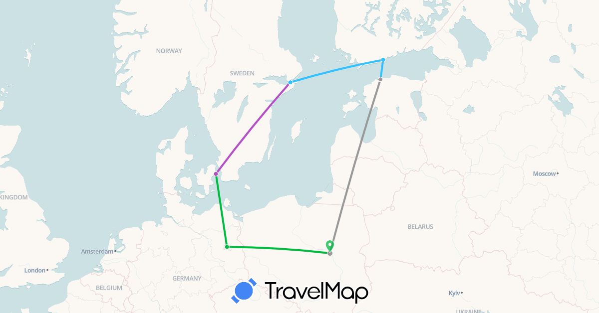 TravelMap itinerary: driving, bus, plane, train, boat in Germany, Denmark, Estonia, Finland, Poland, Sweden (Europe)